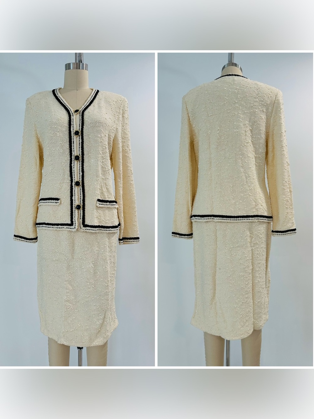 Vintage Cream Knit Skirt & Jacket Suit
